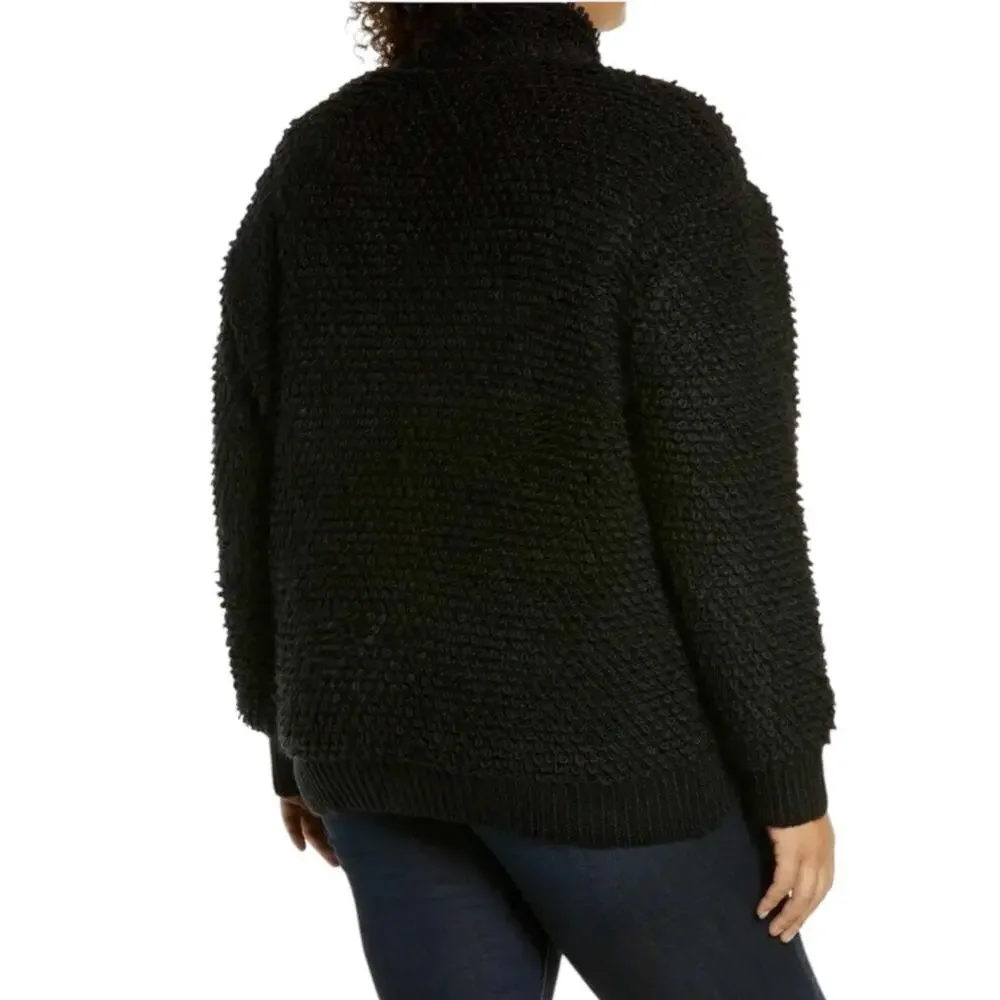 Treasure & Bond Womens Black Fuzzy Cozy Loop Yarn Front Zip Cardigan Large NWT